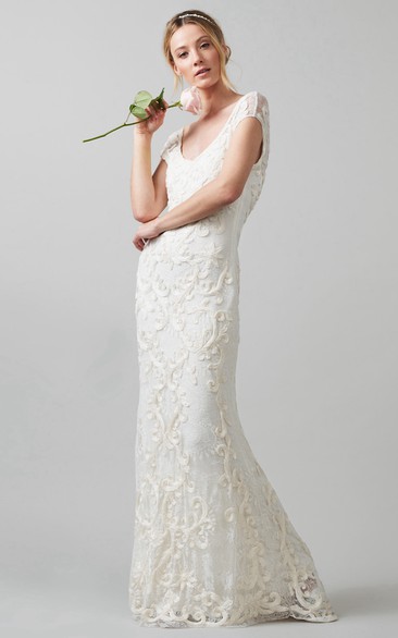 Sheath V-Neck Cap-Sleeve Lace Wedding Dress With Embroidery