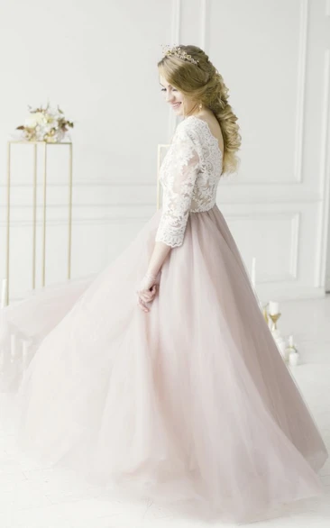 3/4 Sleeve Lace V-neck Adorable Tulle Wedding Dress