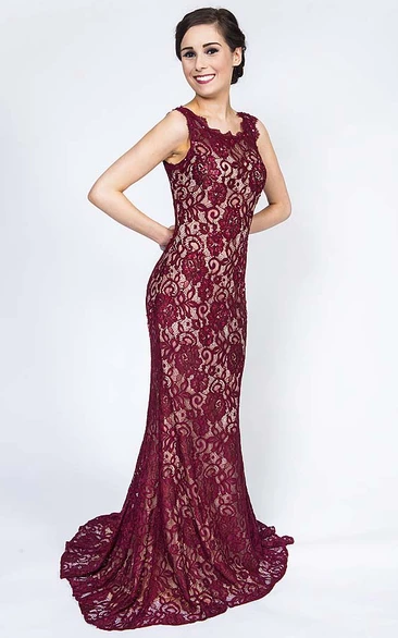 Sheath Long Scoop Sleeveless Lace Prom Dress With Illusion Back And Brush Train