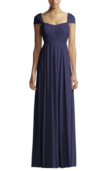 Square Neck Cap Sleeve Ruched Long Bridesmaid Dress