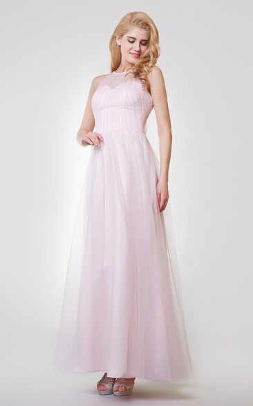 Sleeveless A-line Long Tulle Dress With Pleats