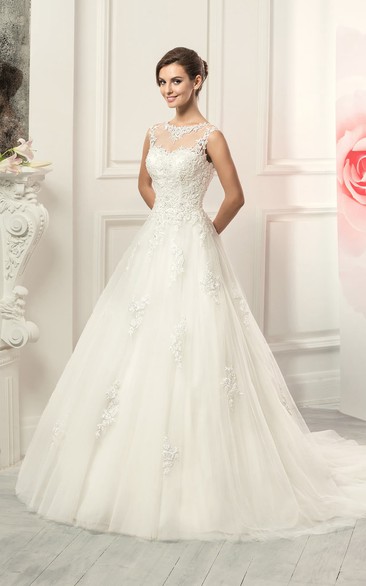 Ball Gown Floor-Length Jewel Sleeveless Illusion Lace Tulle Dress With Appliques