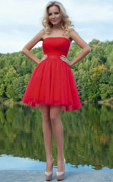 A Line Ruched Short Mini Strapless Sleeveless Tulle Prom Dress With Ribbon