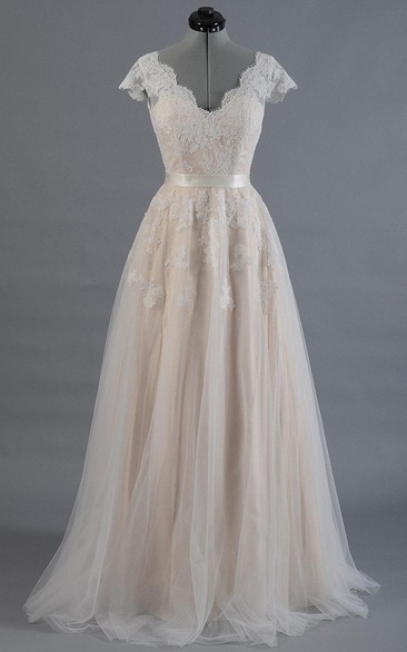 Cap Sleeve V-Neck A-Line Tulle Dress With Lace Bodice and Satin Sash