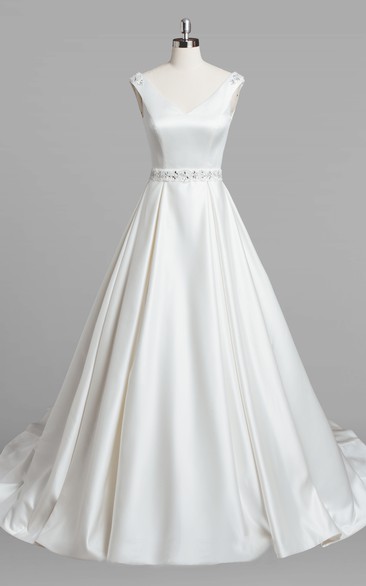 V-Neck Criss-Crossed Sleeveless A-Line Organza Wedding Dress With Beading