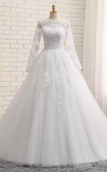 A-Line Long Jewel Long Sleeve Appliques Chapel Train Zipper Lace-Up Back Tulle Lace Sequins Dress