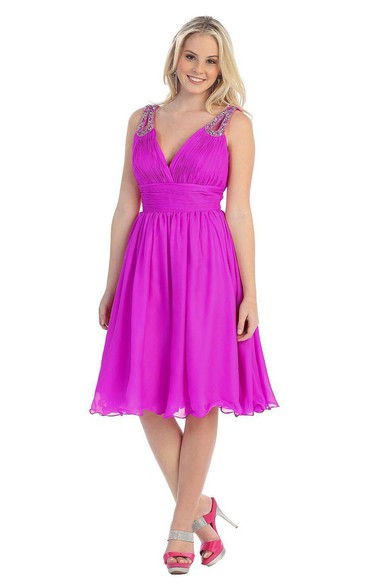 Plunging Neckline Short Chiffon Dress With Sequined Straps and V Back