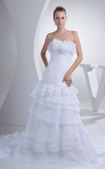 Strapless A-Line Ruched Dress With Flower and Chapel Train