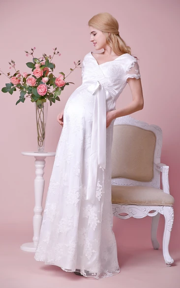 Empire V-neck Cap-sleeved A-line Allover Lace Long Dress