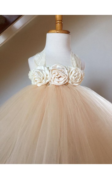 Halter Floral Bodice Empire Tulle Ball Gown With Pleats