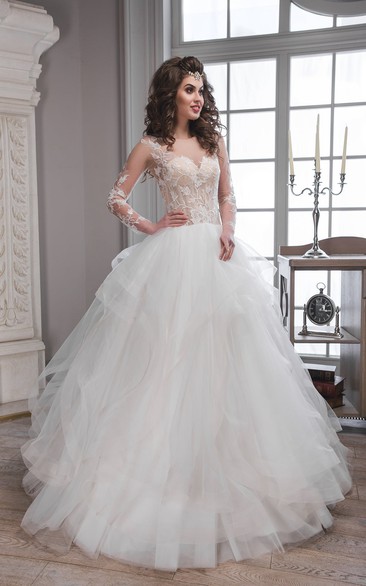 Ball Gown Long Scoop Illusion-Sleeve Keyhole Tulle Dress With Appliques And Ruffles