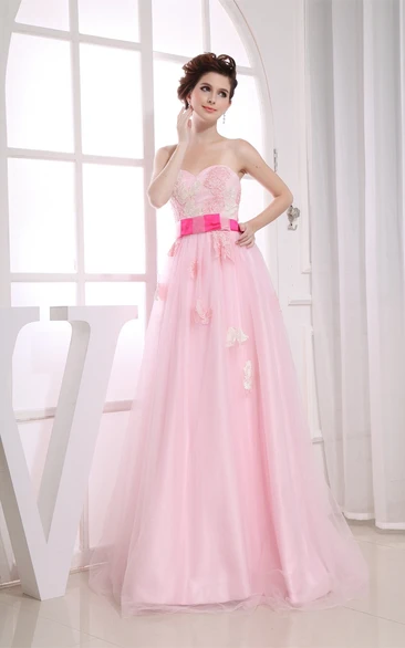 Blushing A-Line Sweetheart Tulle Overlay and Dress With Appliques