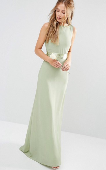 Sheath Sleeveless Long Scoop-Neck Chiffon Bridesmaid Dress With Bow And V Back