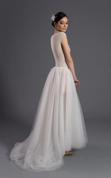 Cap Sleeve A-Line Tulle Gown With Illusion Back and Scoop Neckline