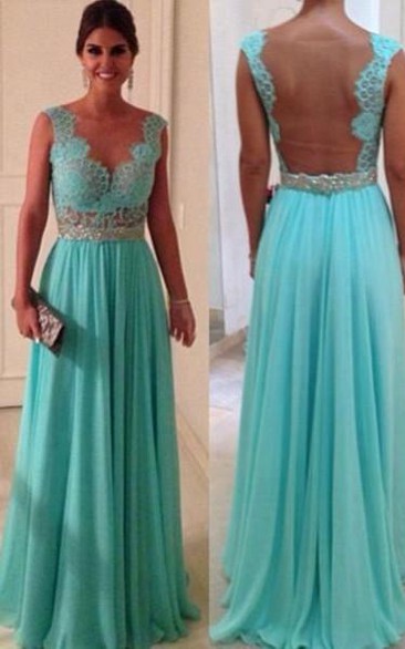 Sexy Lace Sheath Long Evening Dresses Sweetheart Blue Nude Back Evening Gowns With Beadings Chiffon