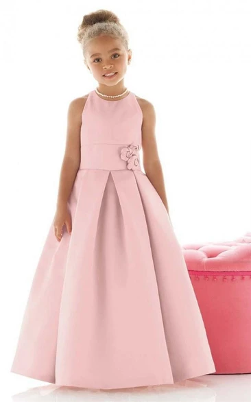 Flower Girl Jewel Cutaway Shoulders Satin Ball Gown With Pleats