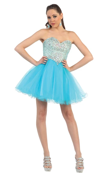 A-Line Short Sweetheart Sleeveless Tulle Backless Dress With Beading