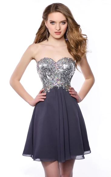 Chiffon Short A-Line Sweetheart Bling Corset Homecoming Dress With Pleats