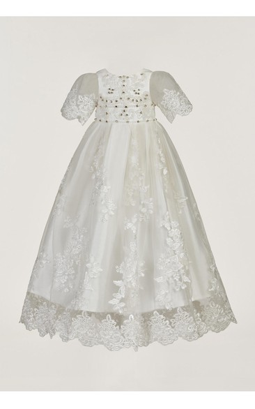 Exceptional Beaded Christening Gown With Lace Appliques