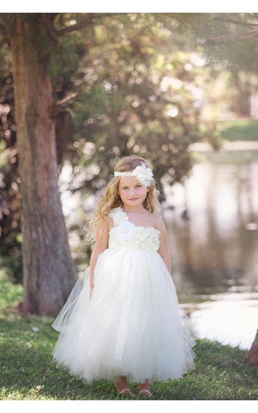 One-shoulder Empire Layered Tulle Ball Gown With Flowers