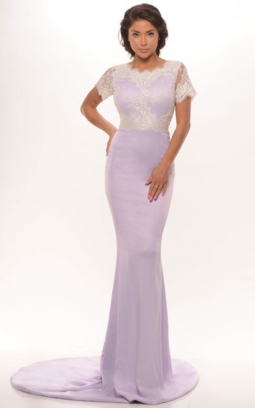 Sheath Short Sleeve Scoop Neck Appliqued Jersey Prom Dress