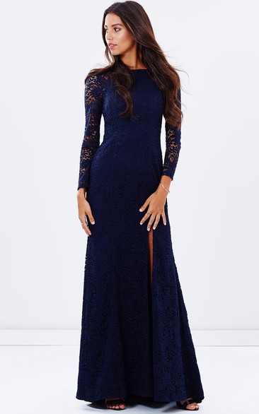 Split-Front Jewel Neck Long Sleeve Lace Bridesmaid Dress