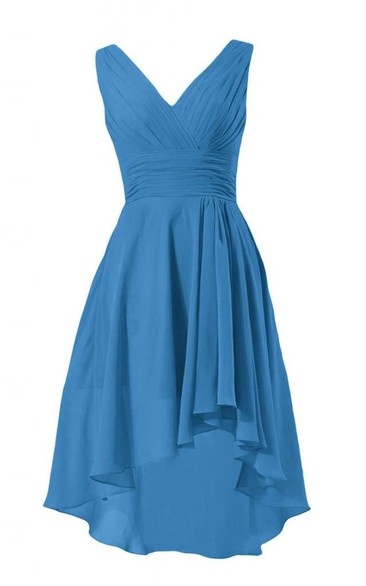 Sleeveless V-neck Ruched Bodice High-low Chiffon Dress