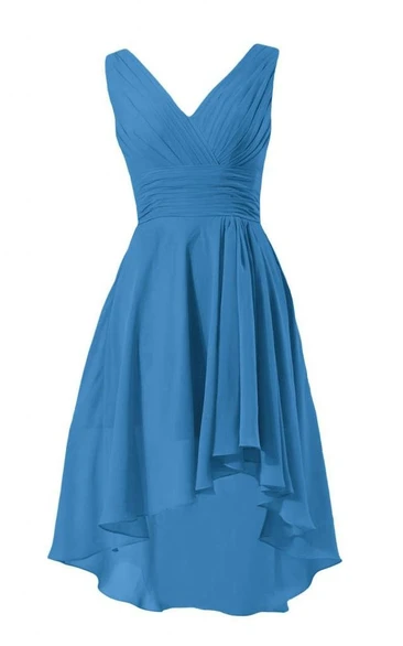 Sleeveless V-neck Ruched Bodice High-low Chiffon Dress