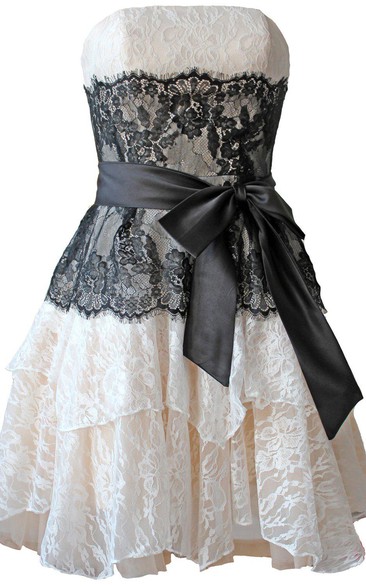 Strapless A-line Lace Mini Dress With Bow Tie