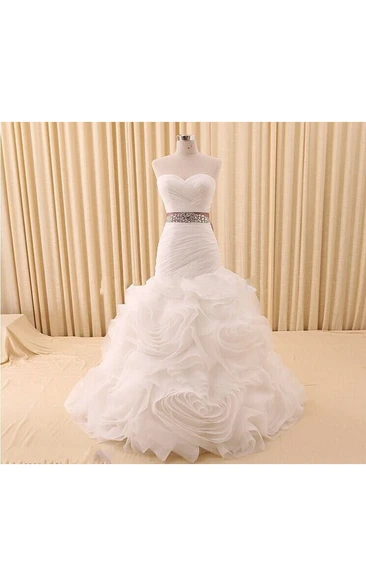 Sweetheart Ruffled Mermaid Organza Wedding Gown With Beading Bow