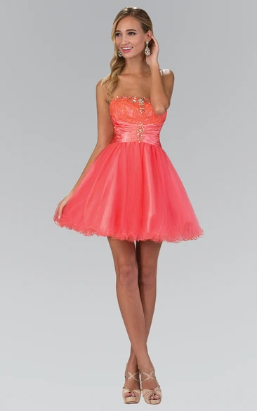 A-Line Mini Strapless Sleeveless Tulle Corset Back Dress With Beading And Lace