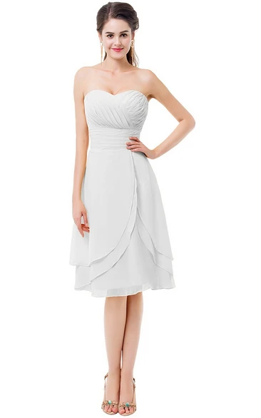 Sweetheart Asymmetrical Ruched Knee-length Layered Chiffon Dress