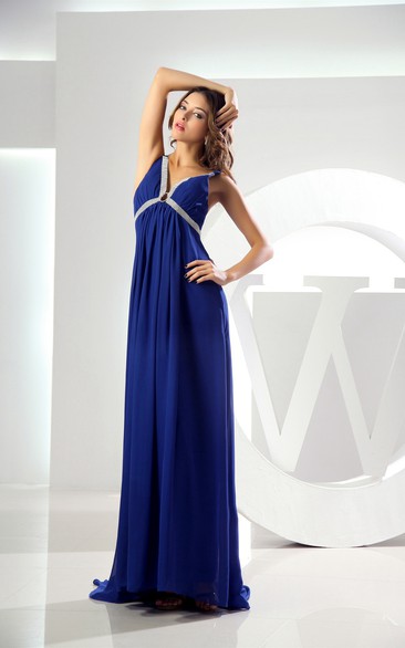 Plunged Chiffon Empire Pleats and Dress With Beading