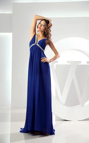 Plunged Chiffon Empire Pleats and Dress With Beading