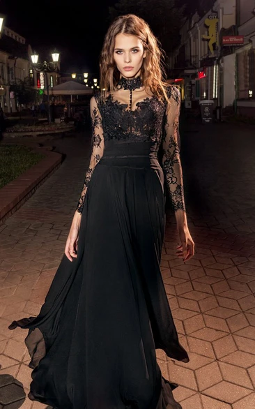 A-Line High Neck Long Sleeve Lace Chiffon Illusion Dress With Appliques