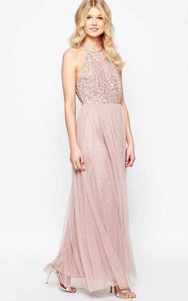 Sheath High Neck Sleeveless Floor-Length Tulle Bridesmaid Dress With Sequins