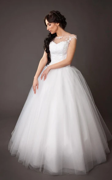 Cap Sleeve A-Line Tulle Ball Gown With Lace Bodice and Bateau Neck