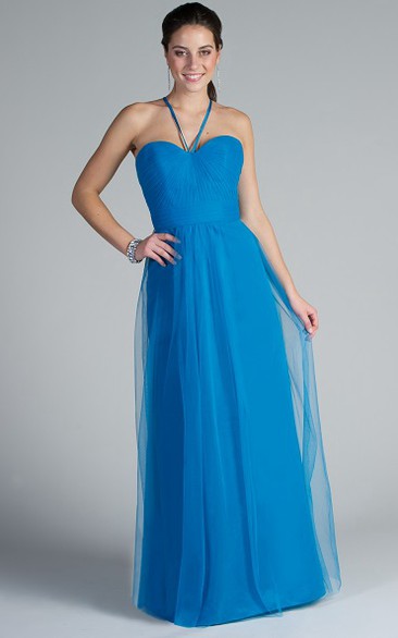 Unique Straps Sweetheart Tulle Long Bridesmaid Dress With Crystal Detail In Back