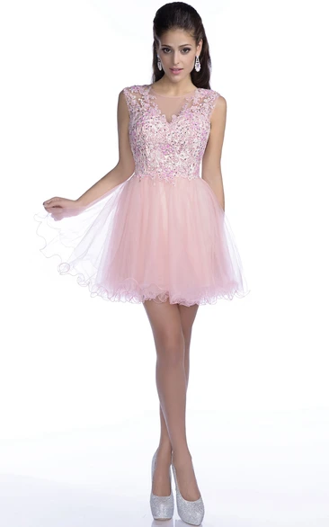 Sleeveless Short A-Line Tulle Prom Dress With Sequined Lace Bodice