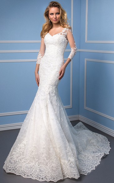 Mermaid 3-4 Sleeve V-Neck Appliqued Lace Wedding Dress With Chapel Train