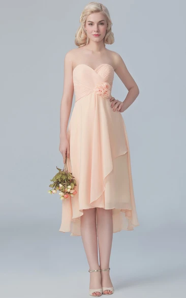 Short Chiffon Side Drap High-Low Dress With Flowers