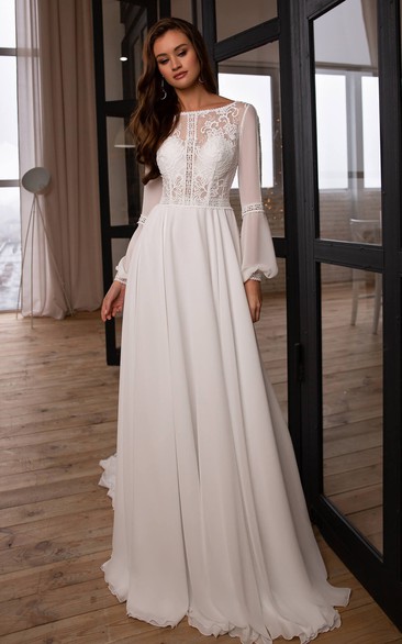 Bohemian Bateau A Line Chiffon and Lace Sweep Train Wedding Dress with Ruching