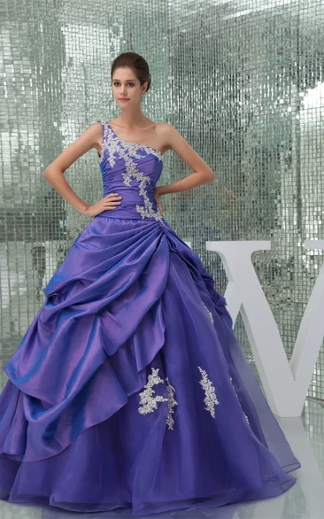 One-Shoulder Pick-Up Ruched Ball-Gown With Appliques