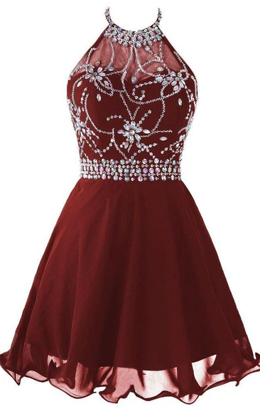 Halter Short Prom Dress With Beadings And Rhinestones