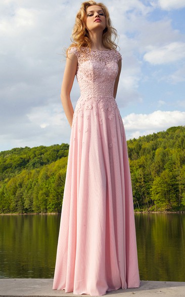 Sheath Cap-Sleeve Bateau-Neck Appliqued Floor-Length Chiffon Prom Dress