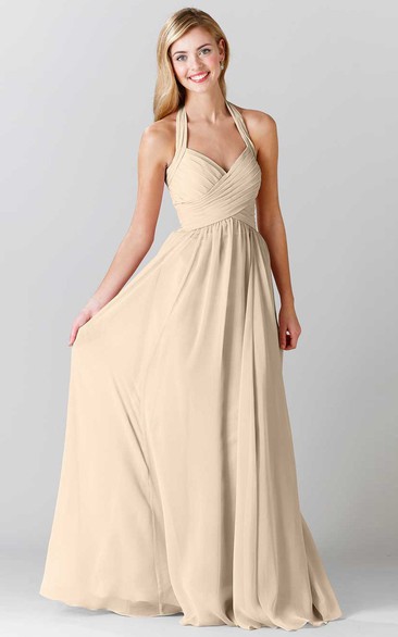 Floor-Length Halter Criss-Cross Sleeveless Chiffon Bridesmaid Dress