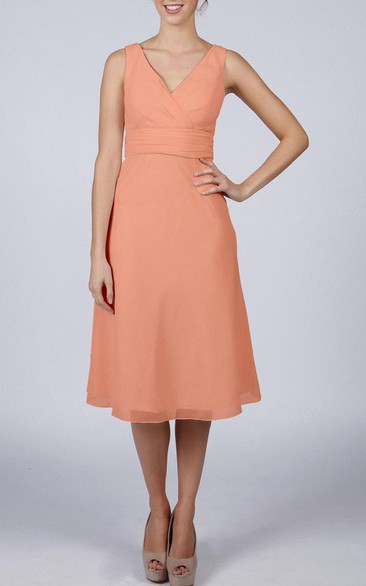 V Neck V Back Sleeveless A-line Chiffon Knee Length Dress Blush