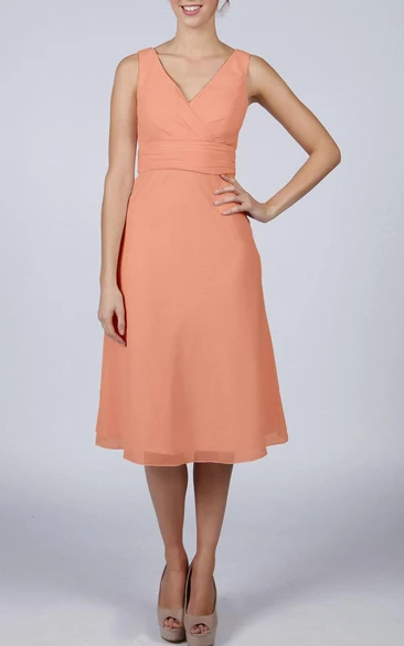 V Neck V Back Sleeveless A-line Chiffon Knee Length Dress Blush