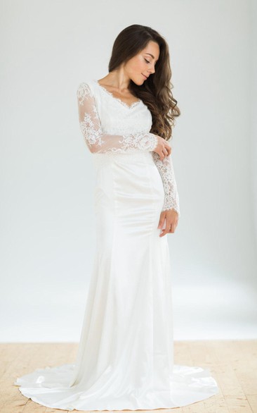 White Vintage Style Mermaid Wedding With Long Lace Sleeves Dress