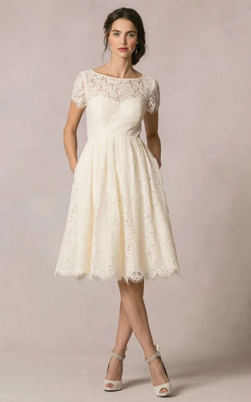 A-Line Short-Sleeve Scoop-Neck Short Lace Wedding Dress With Keyhole